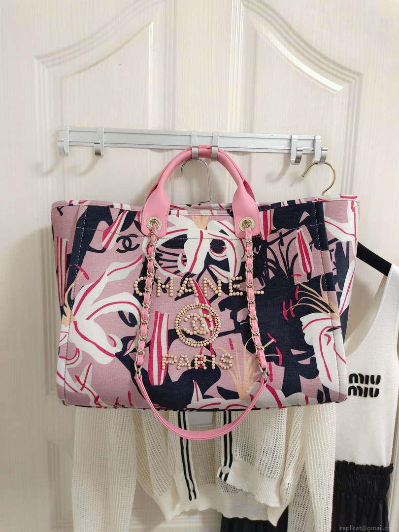 Chanel A66941 Medium Tote Printed Velvet Wooden Pearls & Gold-Tone Metal Pink & Multicolour