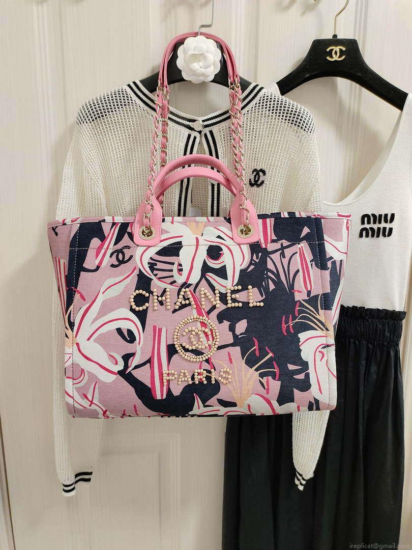 Chanel A66941 Medium Tote Printed Velvet Wooden Pearls & Gold-Tone Metal Pink & Multicolour