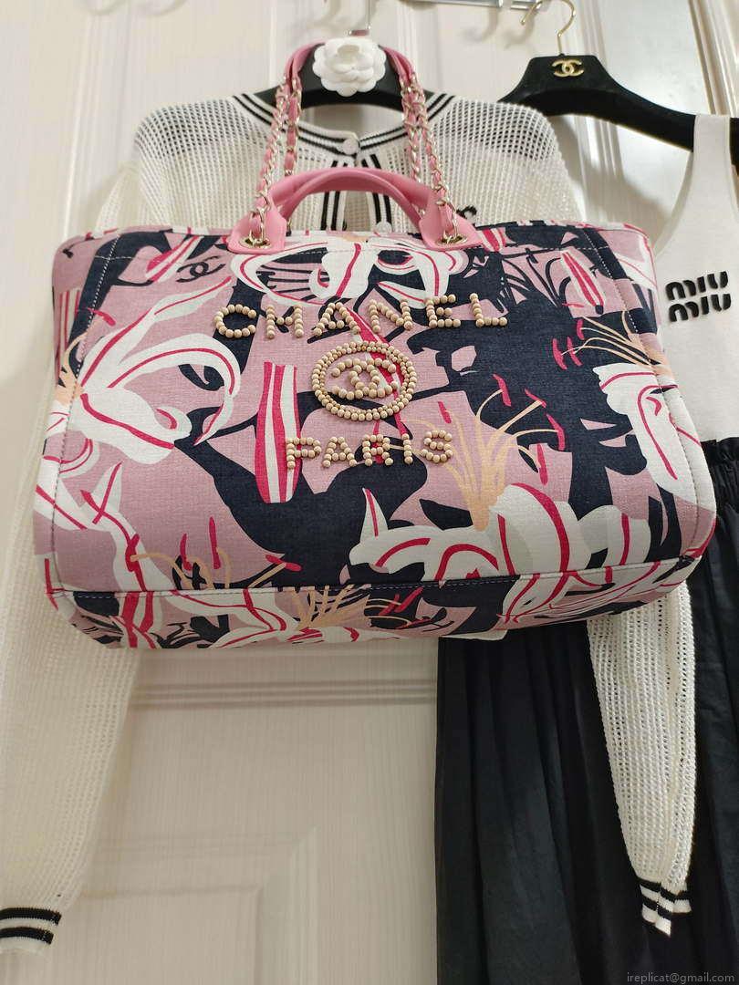 Chanel A66941 Medium Tote Printed Velvet Wooden Pearls & Gold-Tone Metal Pink & Multicolour