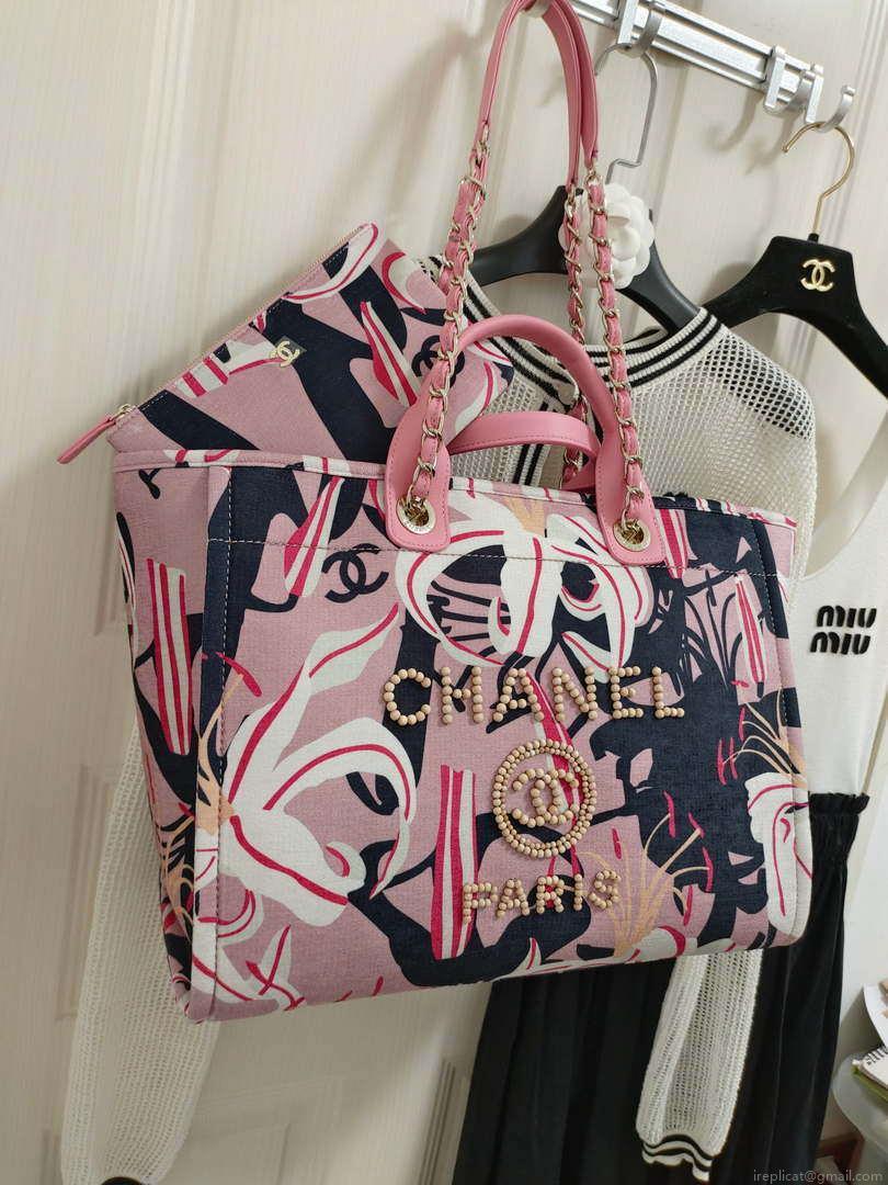 Chanel A66941 Medium Tote Printed Velvet Wooden Pearls & Gold-Tone Metal Pink & Multicolour
