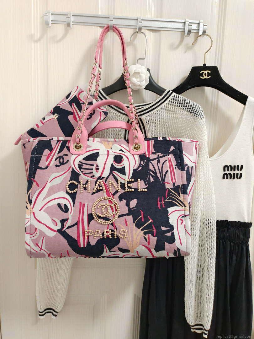 Chanel A66941 Medium Tote Printed Velvet Wooden Pearls & Gold-Tone Metal Pink & Multicolour