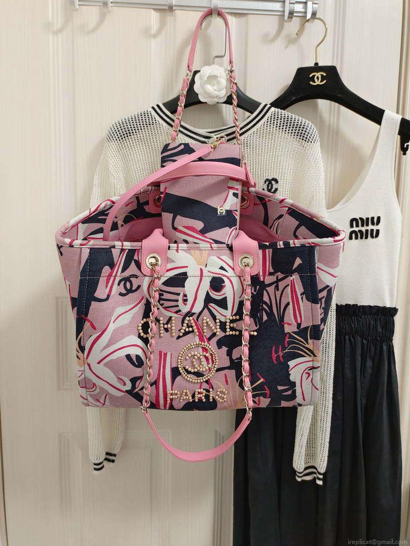 Chanel A66941 Medium Tote Printed Velvet Wooden Pearls & Gold-Tone Metal Pink & Multicolour