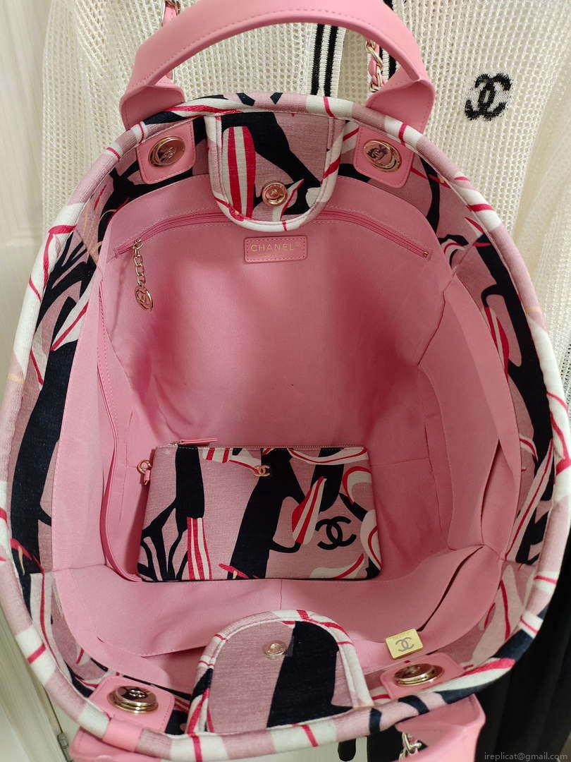 Chanel A66941 Medium Tote Printed Velvet Wooden Pearls & Gold-Tone Metal Pink & Multicolour