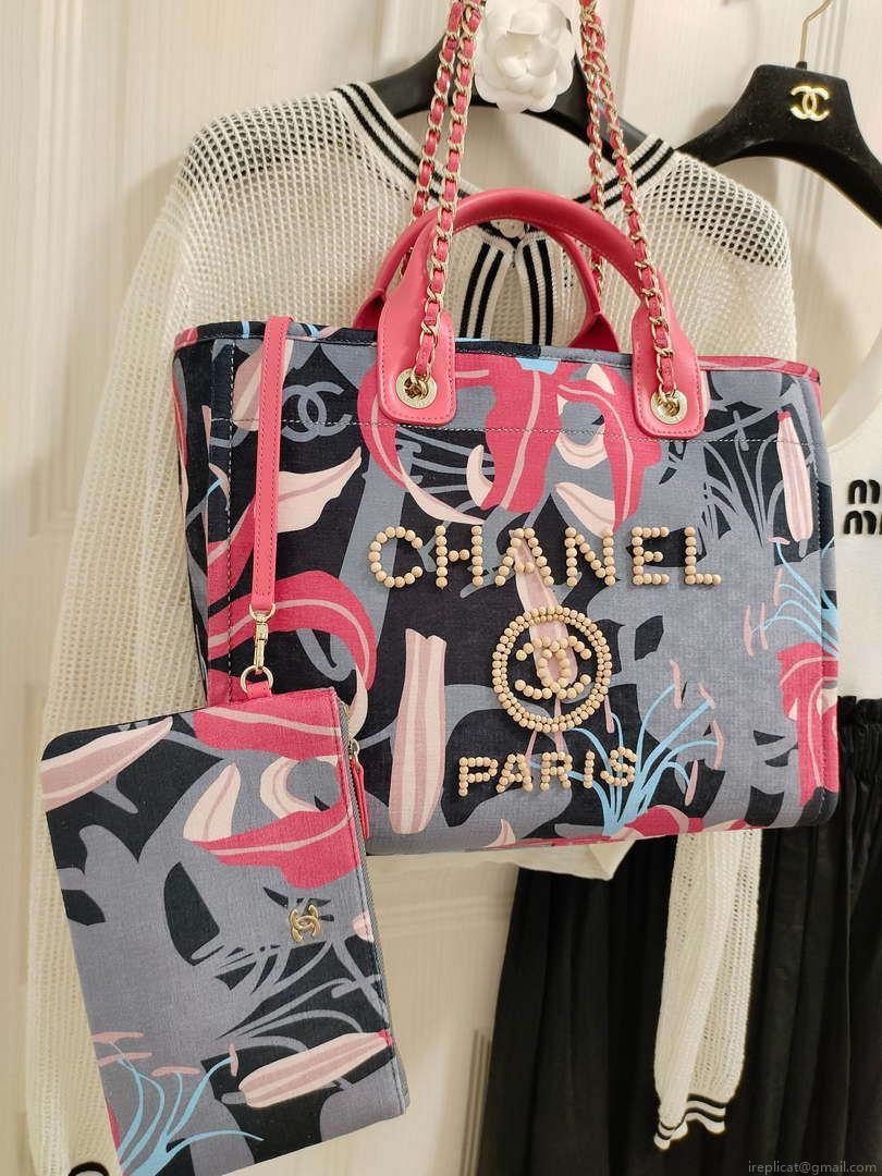 Chanel A66941 Medium Tote Printed Velvet Wooden Pearls & Gold-Tone Metal Red & Multicolour