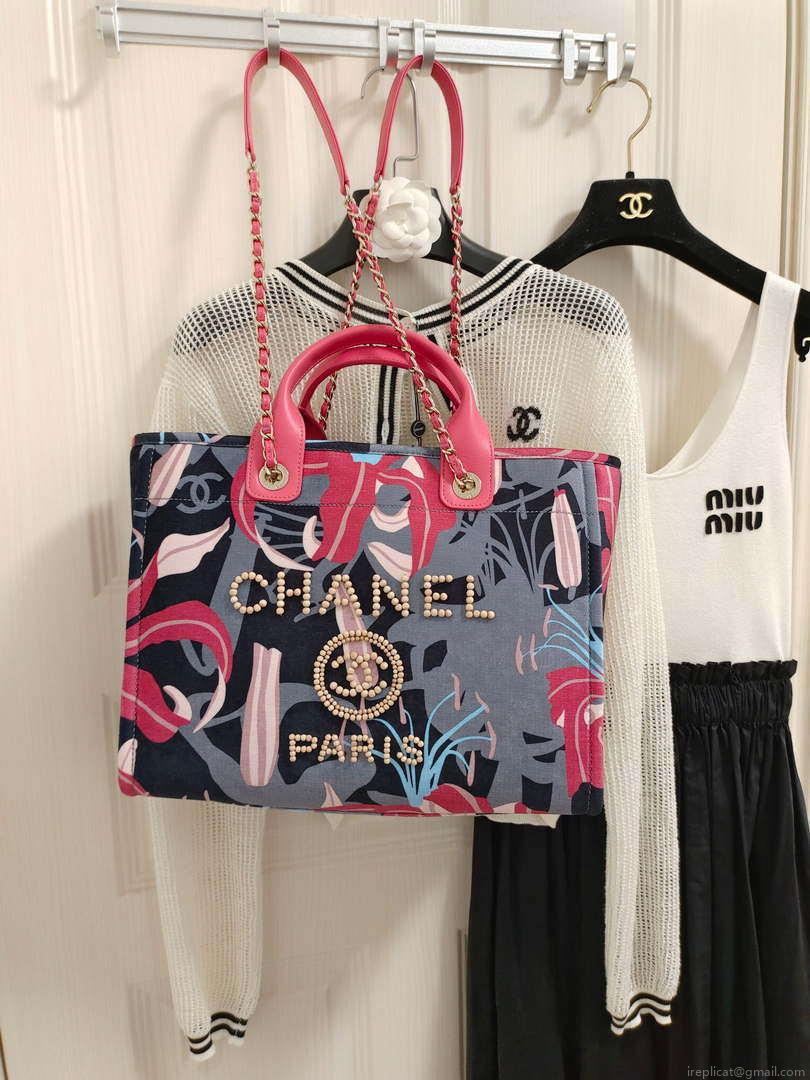 Chanel A66941 Medium Tote Printed Velvet Wooden Pearls & Gold-Tone Metal Red & Multicolour