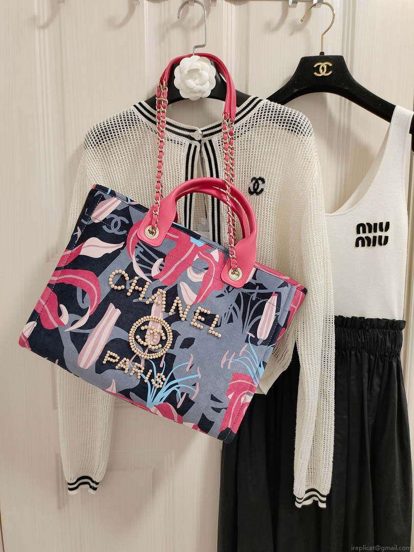 Chanel A66941 Medium Tote Printed Velvet Wooden Pearls & Gold-Tone Metal Red & Multicolour