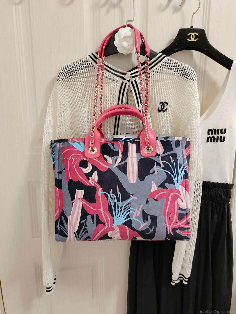 Chanel A66941 Medium Tote Printed Velvet Wooden Pearls & Gold-Tone Metal Red & Multicolour