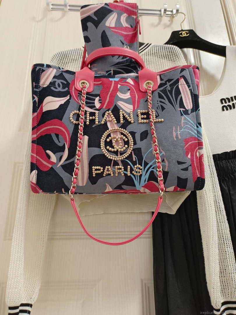 Chanel A66941 Medium Tote Printed Velvet Wooden Pearls & Gold-Tone Metal Red & Multicolour