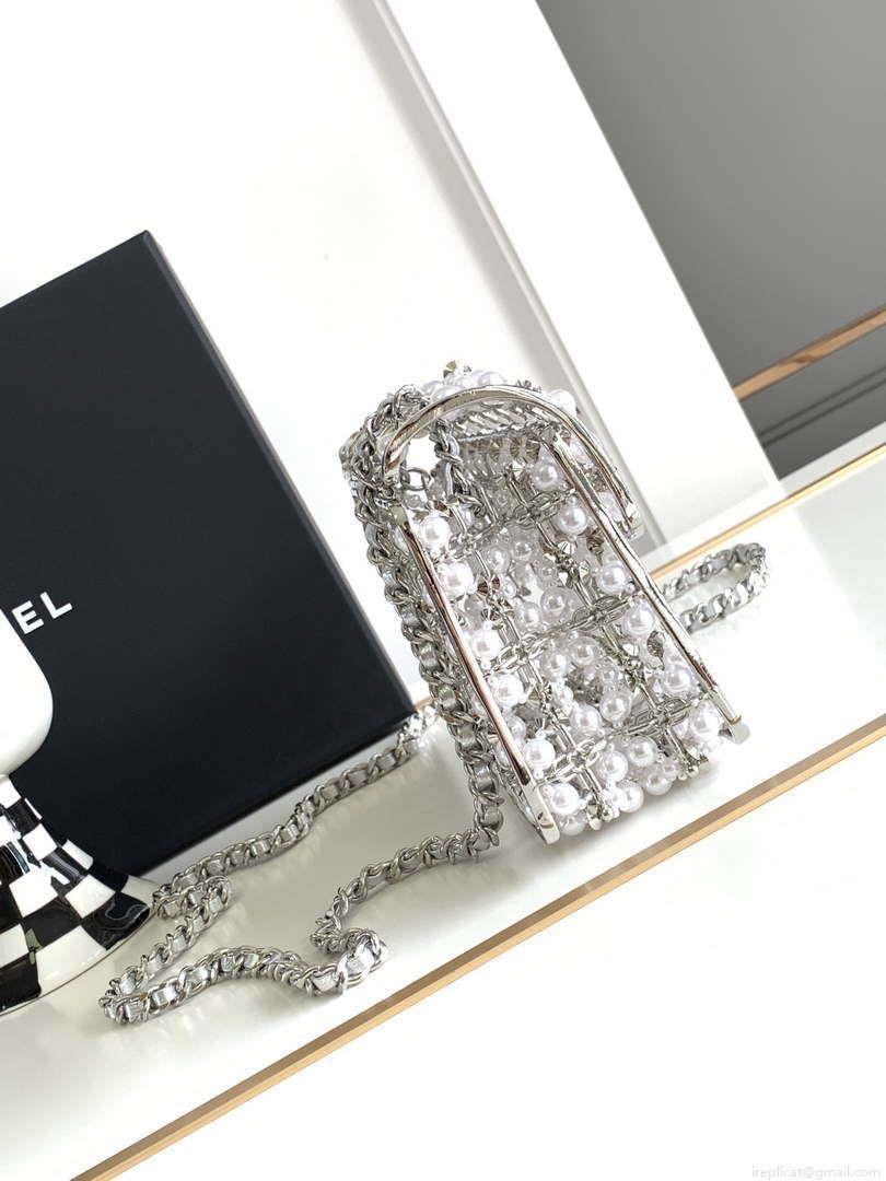 Chanel A90091 Limited Edition Pearl Metal CF Evening Flap Bag Silver metal