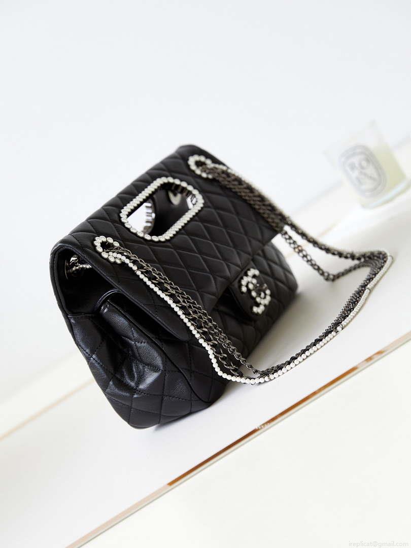 Chanel AS4221 Small Shopping Bag Aged Shiny Lambskin Crystal Pearls & Black Metal Black