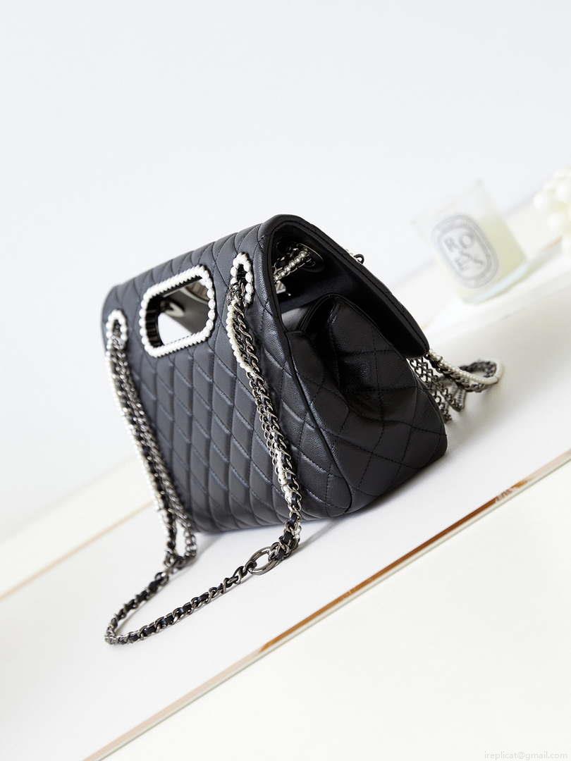 Chanel AS4221 Small Shopping Bag Aged Shiny Lambskin Crystal Pearls & Black Metal Black