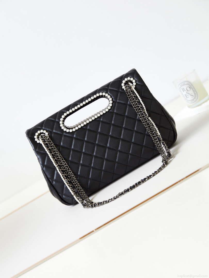 Chanel AS4221 Small Shopping Bag Aged Shiny Lambskin Crystal Pearls & Black Metal Black
