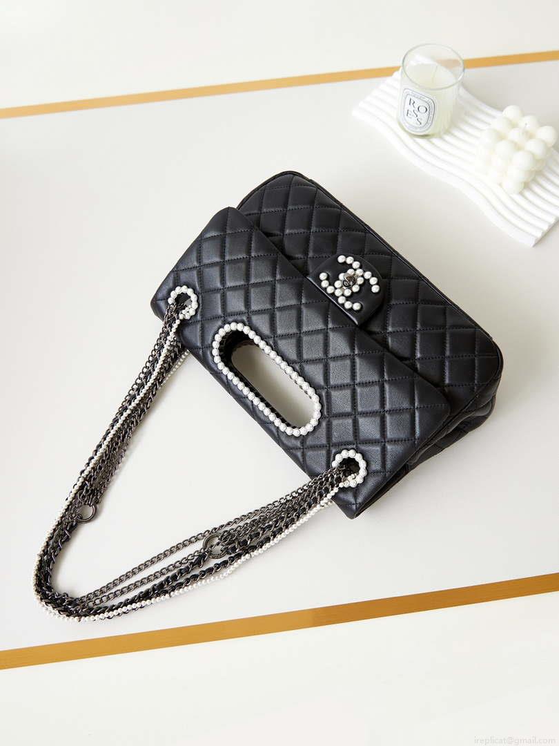 Chanel AS4221 Small Shopping Bag Aged Shiny Lambskin Crystal Pearls & Black Metal Black