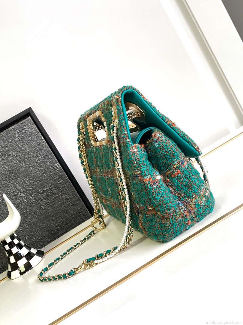 Chanel AS4221 large Flap Bag with top Handle Wool and Silk Tweed Glass and Wooden Pearls