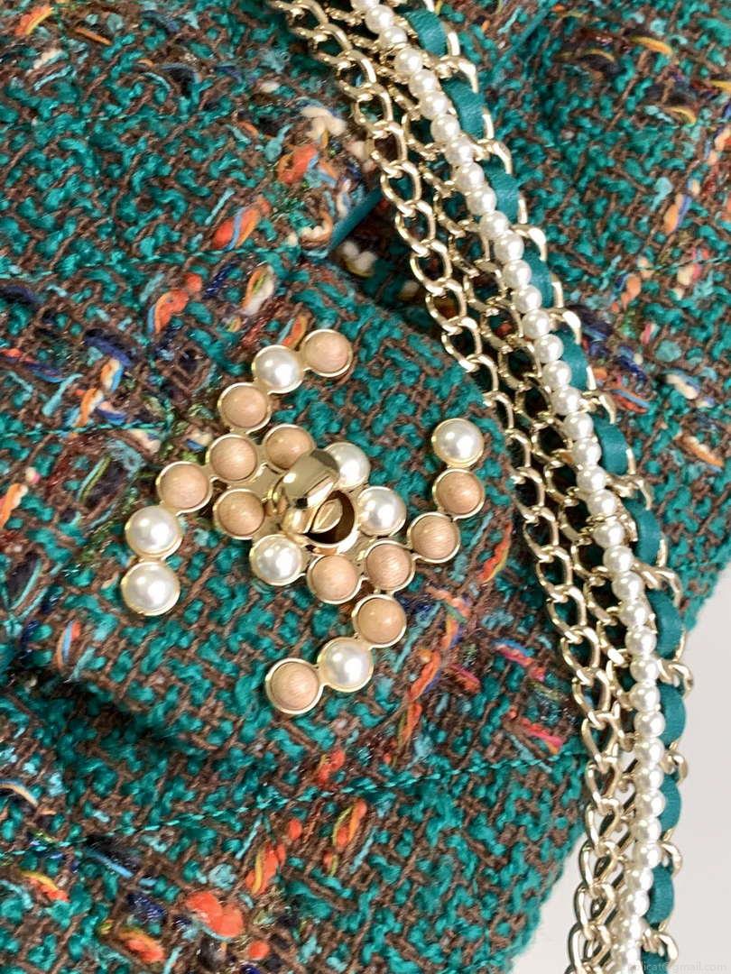 Chanel AS4221 large Flap Bag with top Handle Wool and Silk Tweed Glass and Wooden Pearls