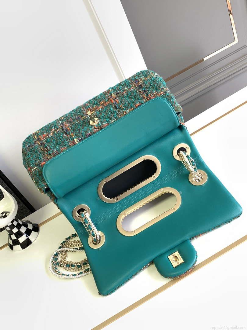 Chanel AS4221 large Flap Bag with top Handle Wool and Silk Tweed Glass and Wooden Pearls