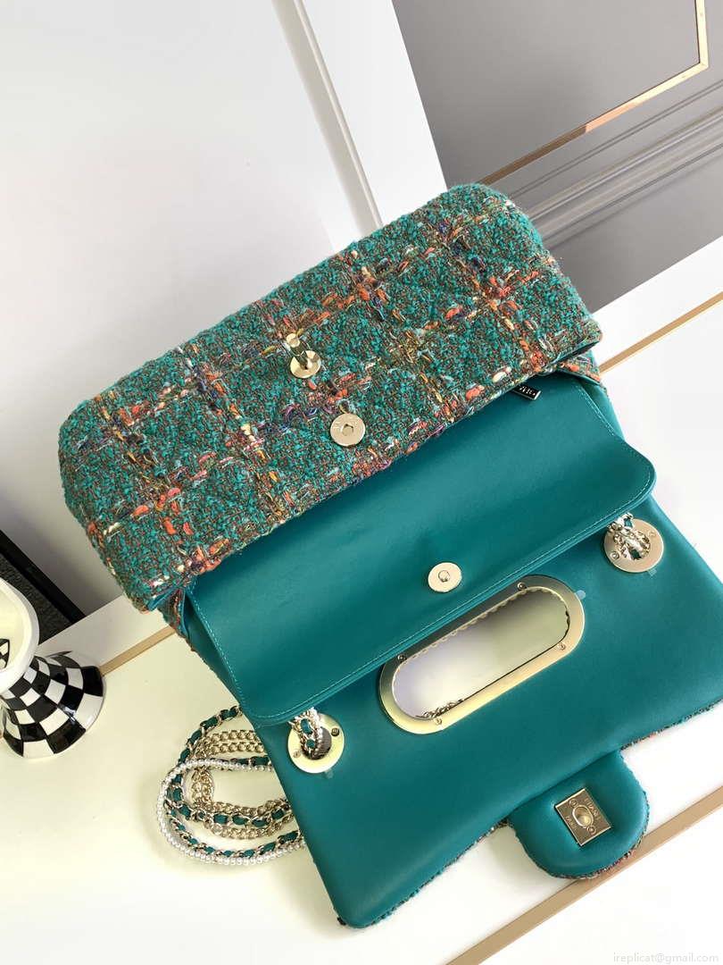 Chanel AS4221 large Flap Bag with top Handle Wool and Silk Tweed Glass and Wooden Pearls