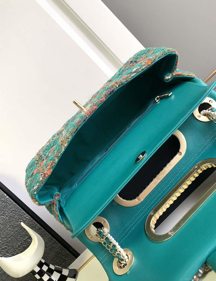 Chanel AS4221 large Flap Bag with top Handle Wool and Silk Tweed Glass and Wooden Pearls