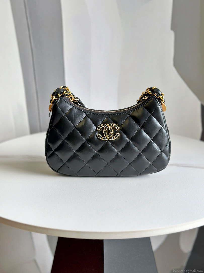 Chanel AP3647 23K Small Hobo Bag Lambskin Gold Metal Black