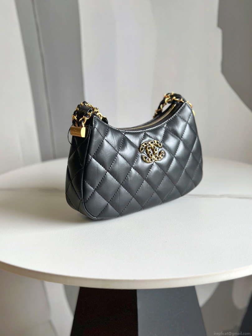 Chanel AP3647 23K Small Hobo Bag Lambskin Gold Metal Black
