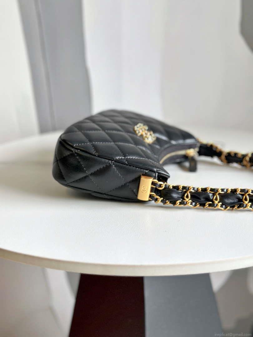 Chanel AP3647 23K Small Hobo Bag Lambskin Gold Metal Black