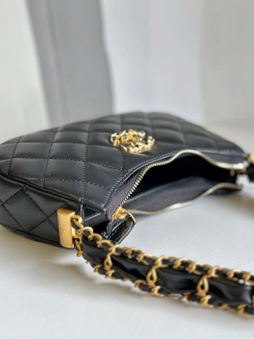Chanel AP3647 23K Small Hobo Bag Lambskin Gold Metal Black