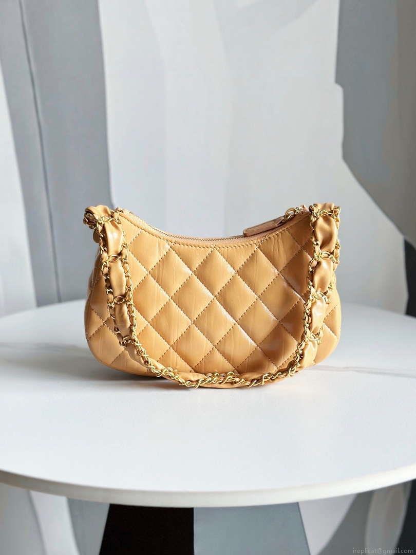 Chanel AP3647 23K Small Hobo Bag Lambskin Gold Metal Tan