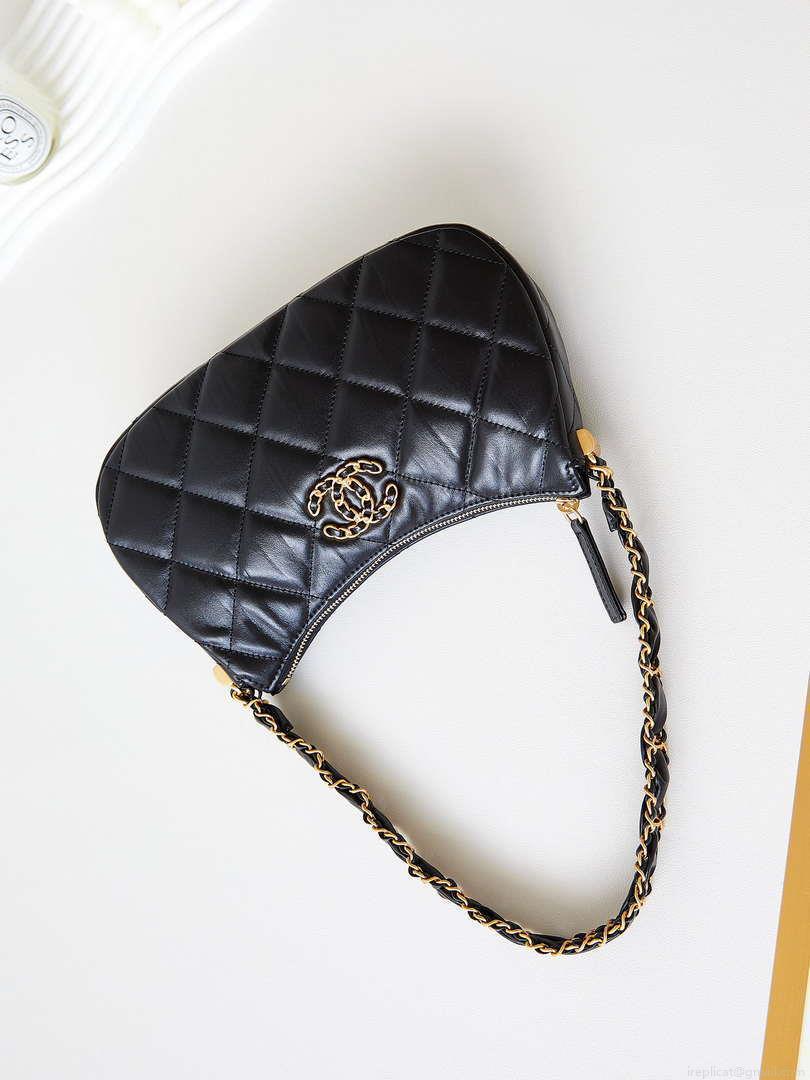 Chanel AS4422 23K Hobo Bag Lambskin Gold Metal Black