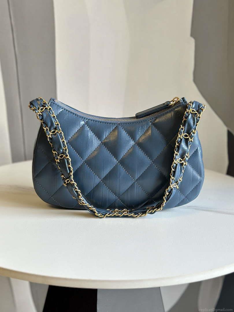 Chanel AS4422 23K Hobo Bag Lambskin Gold Metal Navy Blue