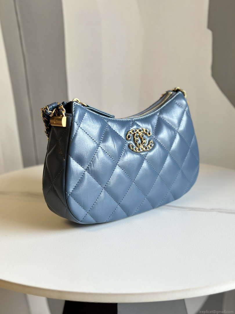 Chanel AS4422 23K Hobo Bag Lambskin Gold Metal Navy Blue
