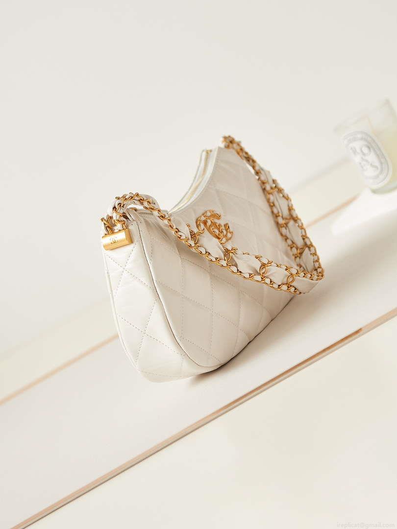 Chanel AS4422 23K Hobo Bag Lambskin Gold Metal White
