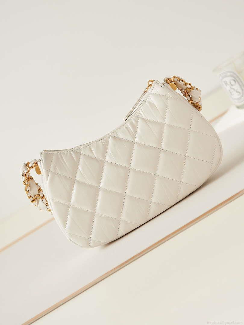 Chanel AS4422 23K Hobo Bag Lambskin Gold Metal White