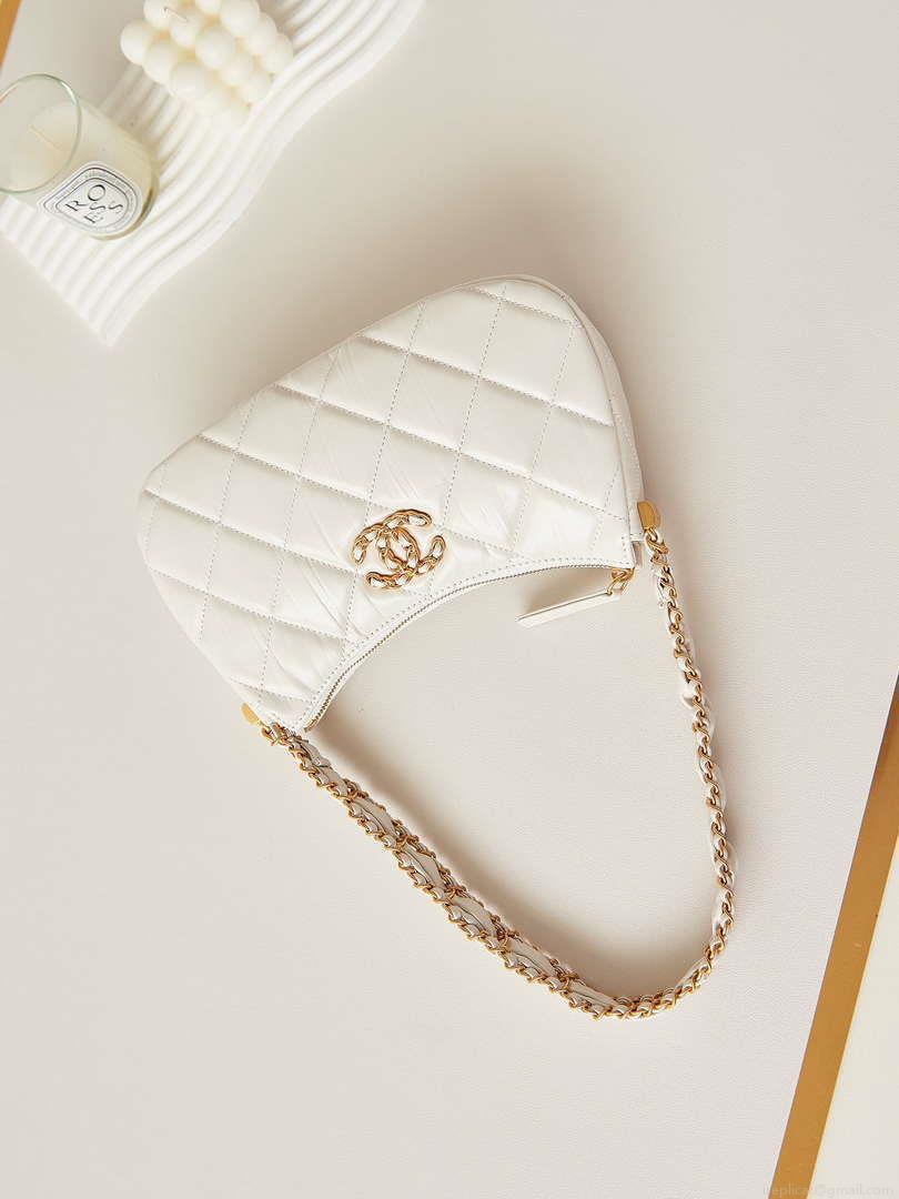 Chanel AS4422 23K Hobo Bag Lambskin Gold Metal White