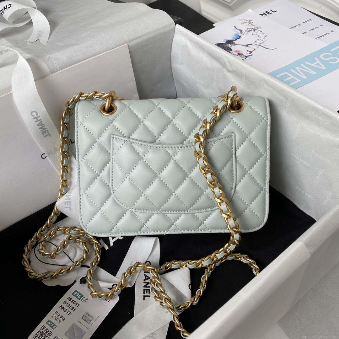 Chanel AS4051 Flap Bag Lambskin Gold Metal Light green