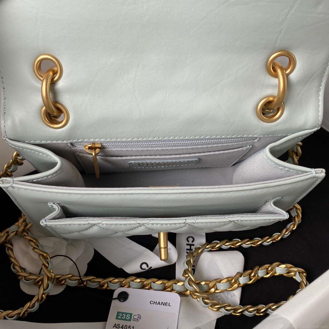 Chanel AS4051 Flap Bag Lambskin Gold Metal Light green