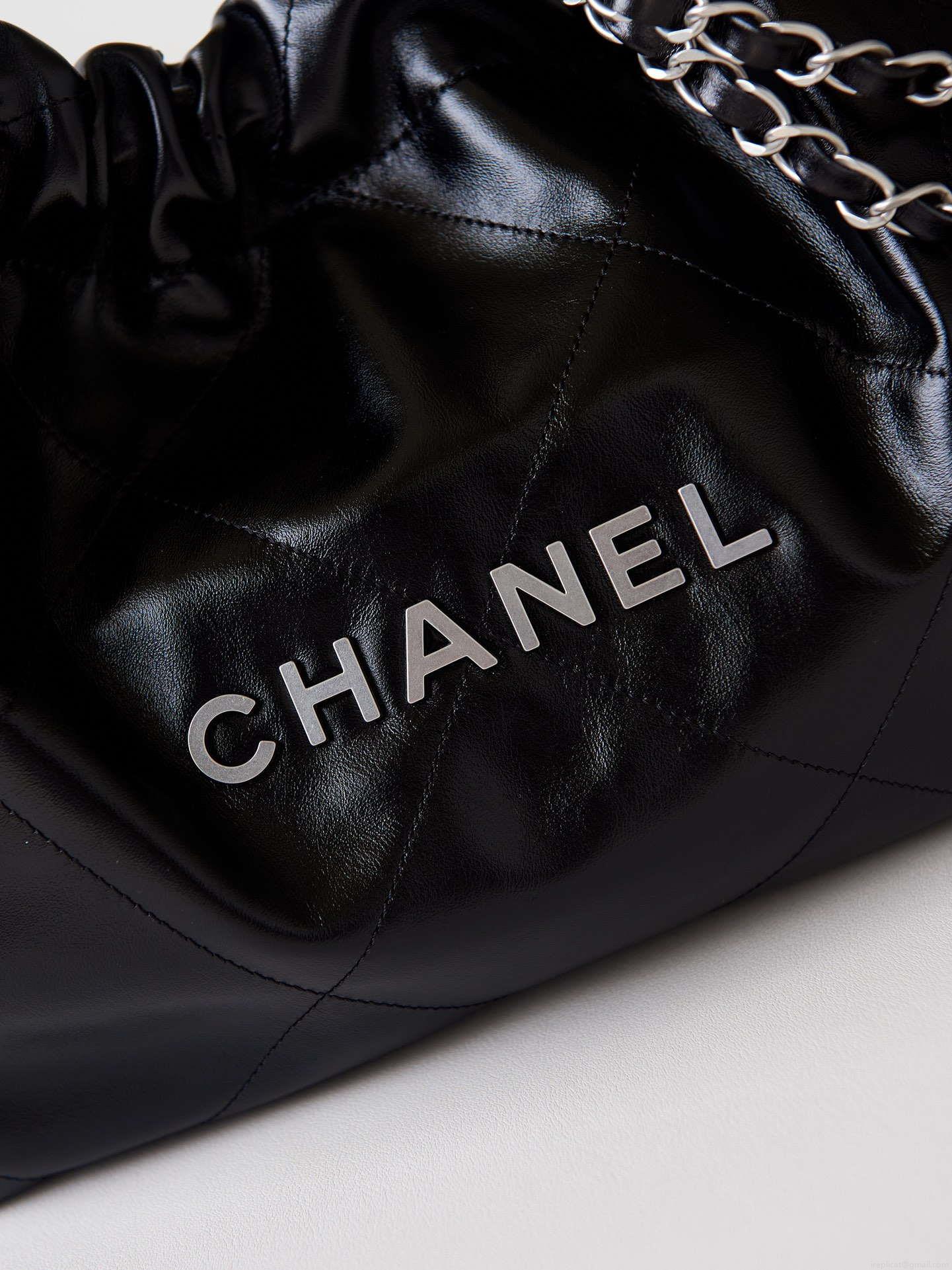Chanel 22 Bag AS4486 Small Handbag Shiny Calfskin Black With Silver
