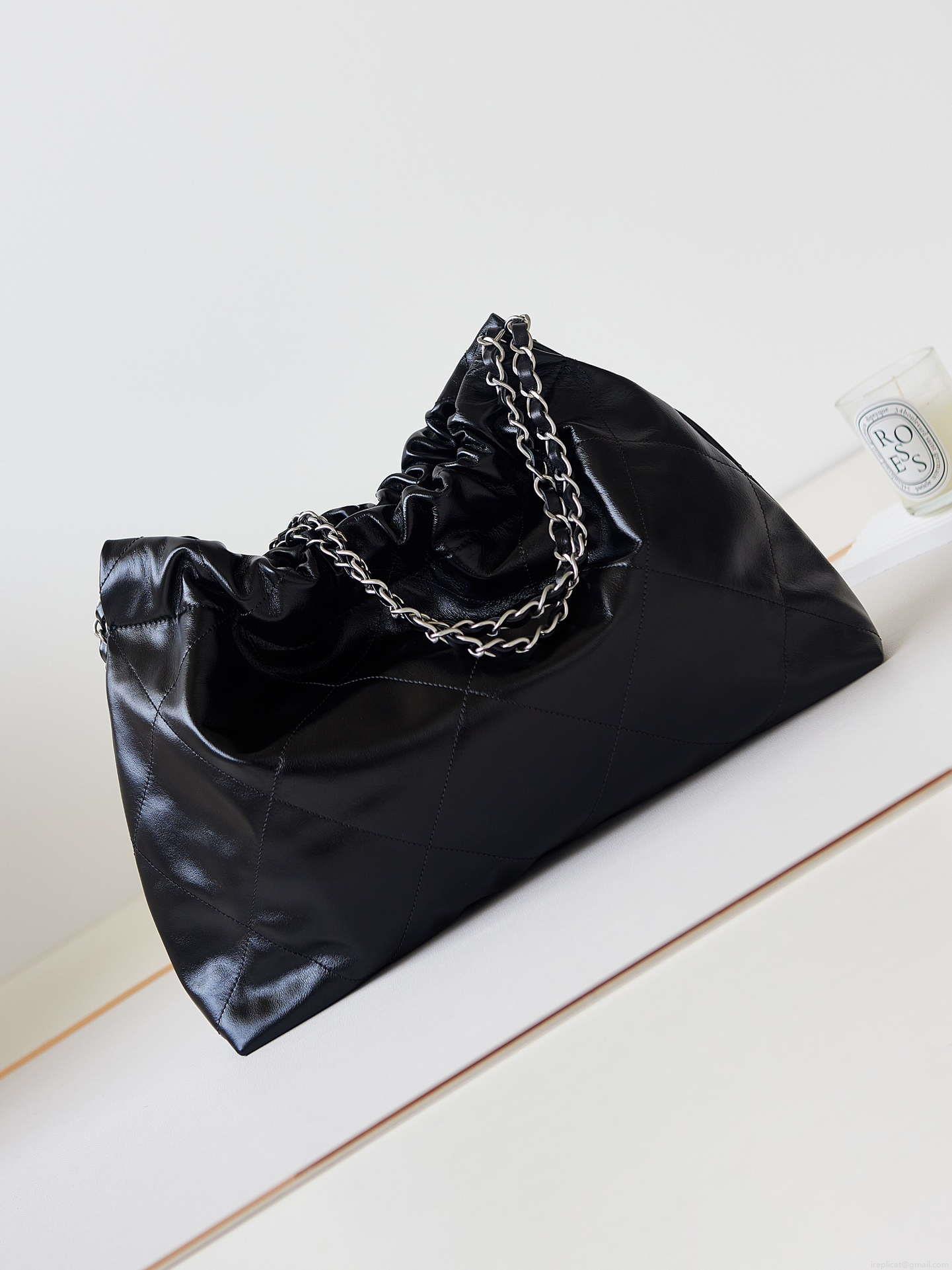Chanel 22 Bag AS4486 Small Handbag Shiny Calfskin Black With Silver