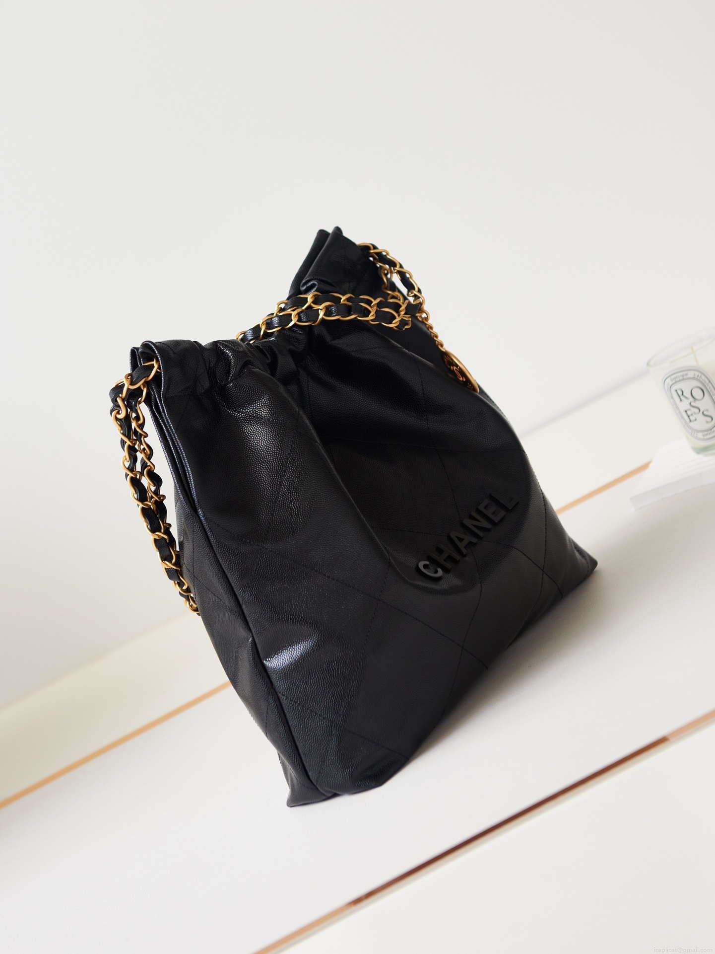 Chanel 22 AS3260 Small Handbag Shiny Calfskin Black Gold with black logo