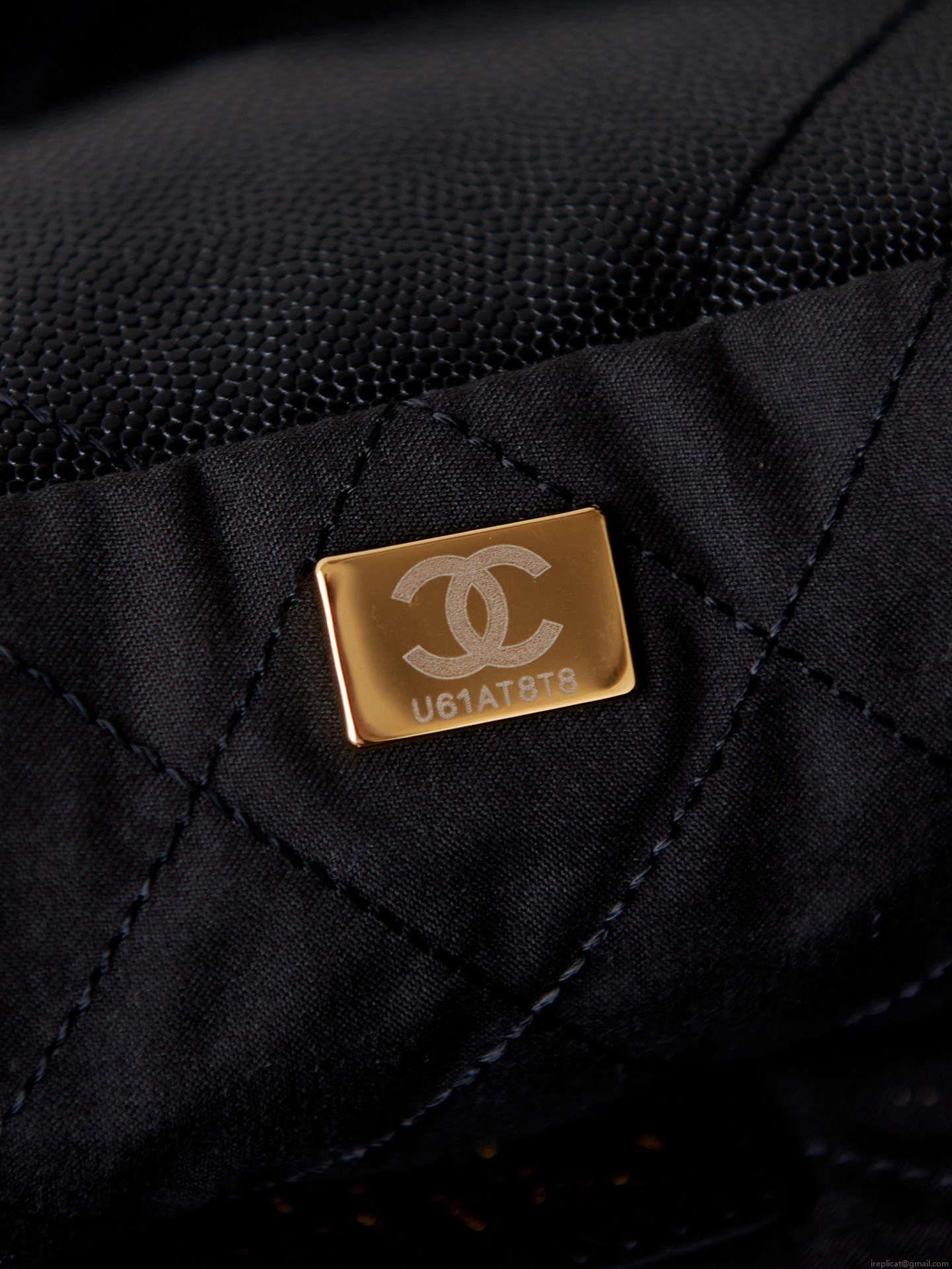 Chanel 22 AS3260 Small Handbag Shiny Calfskin Black Gold with black logo