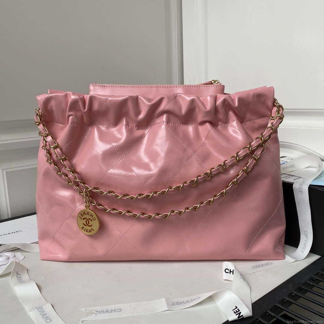 Chanel 22 Bag AS4486 Handbag Shiny Calfskin Pink With Gold