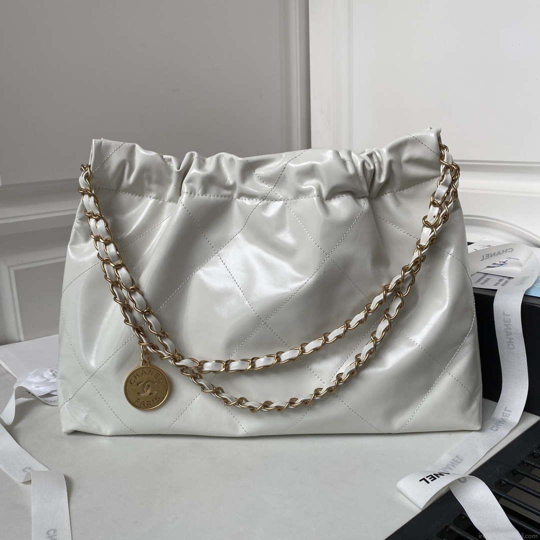 Chanel 22 Bag AS4486 Handbag Shiny Calfskin White With Gold