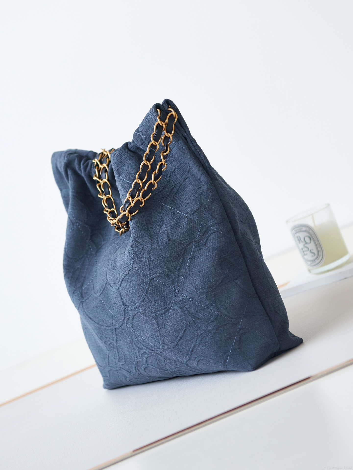 Chanel 22 AS3260 Small Handbag Velvet Navy Blue Gold