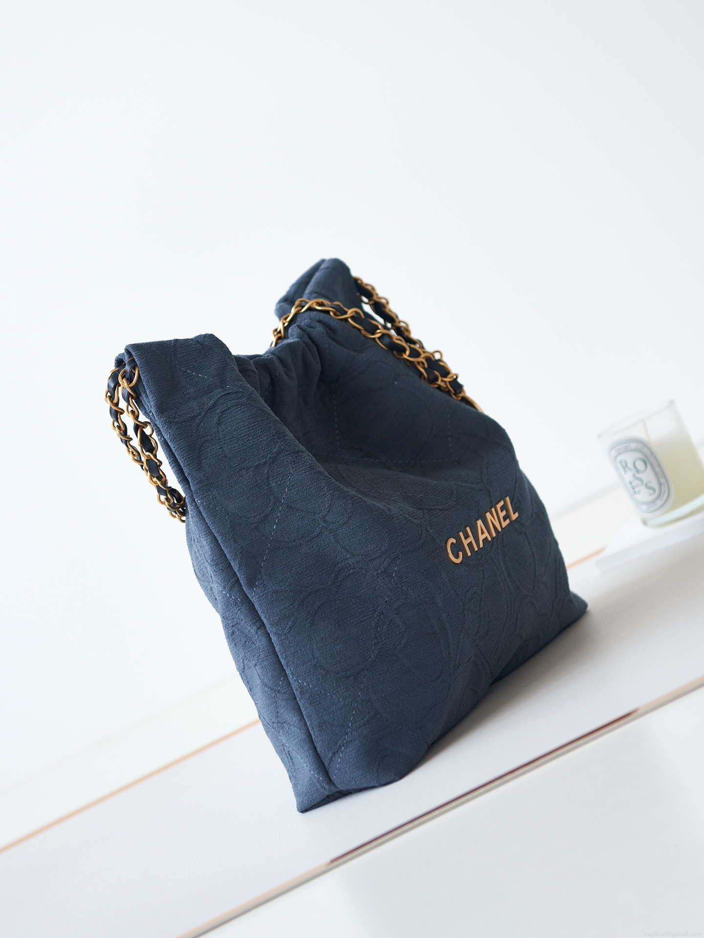 Chanel 22 AS3260 Small Handbag Velvet Navy Blue Gold