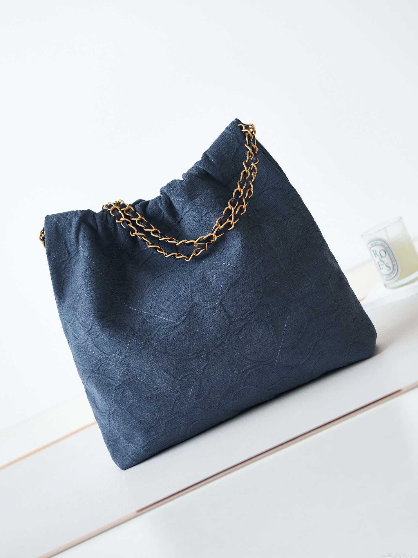Chanel 22 AS3260 Small Handbag Velvet Navy Blue Gold