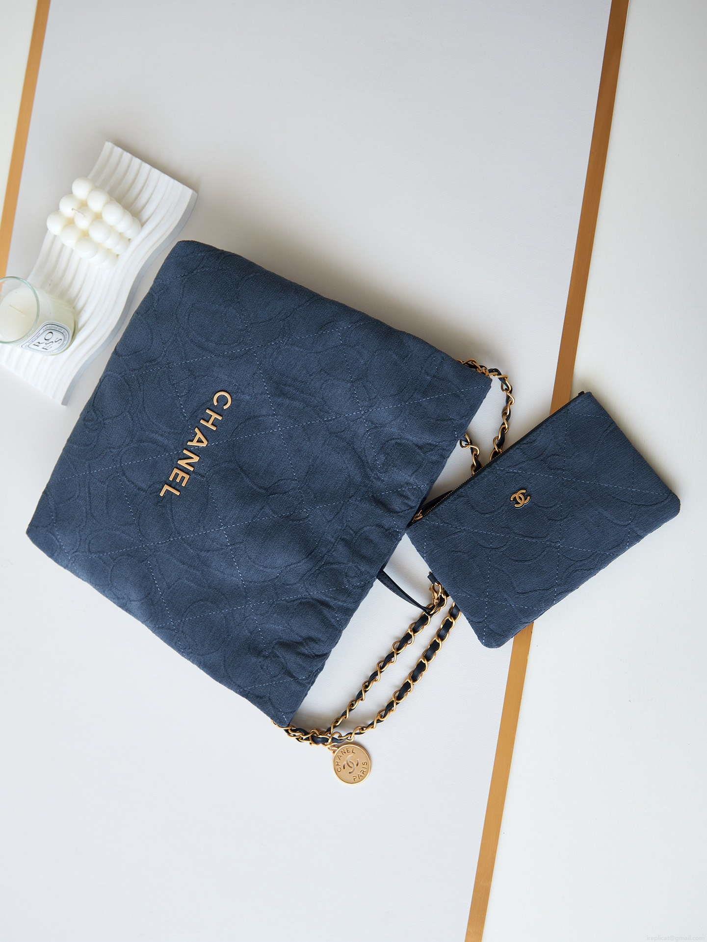 Chanel 22 AS3260 Small Handbag Velvet Navy Blue Gold