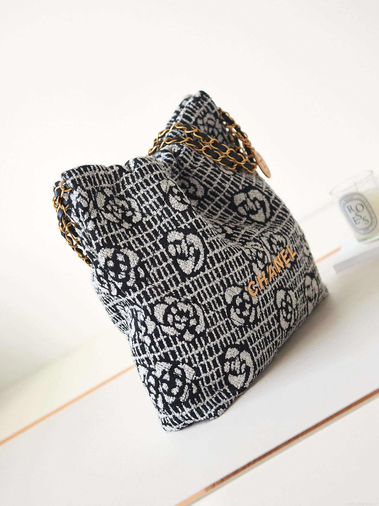 Chanel 22 AS3260 Small Handbag Velvet White &Black Gold