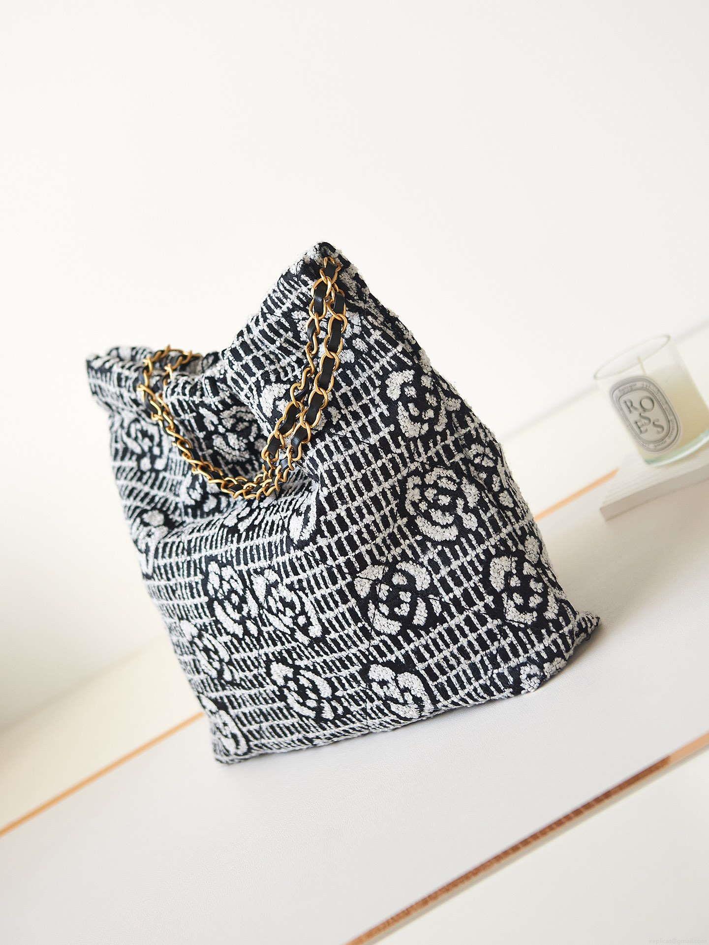 Chanel 22 AS3260 Small Handbag Velvet White &Black Gold