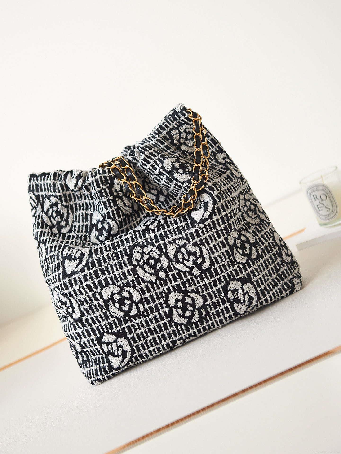 Chanel 22 AS3260 Small Handbag Velvet White &Black Gold