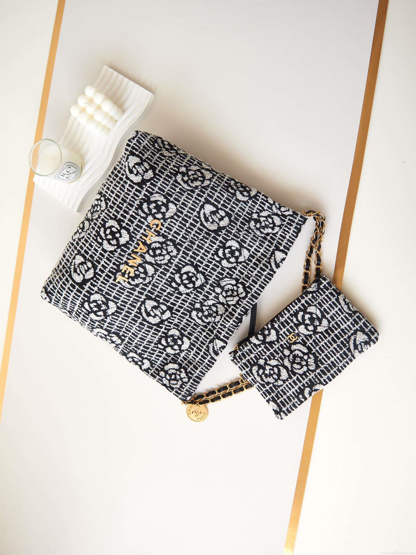 Chanel 22 AS3260 Small Handbag Velvet White &Black Gold