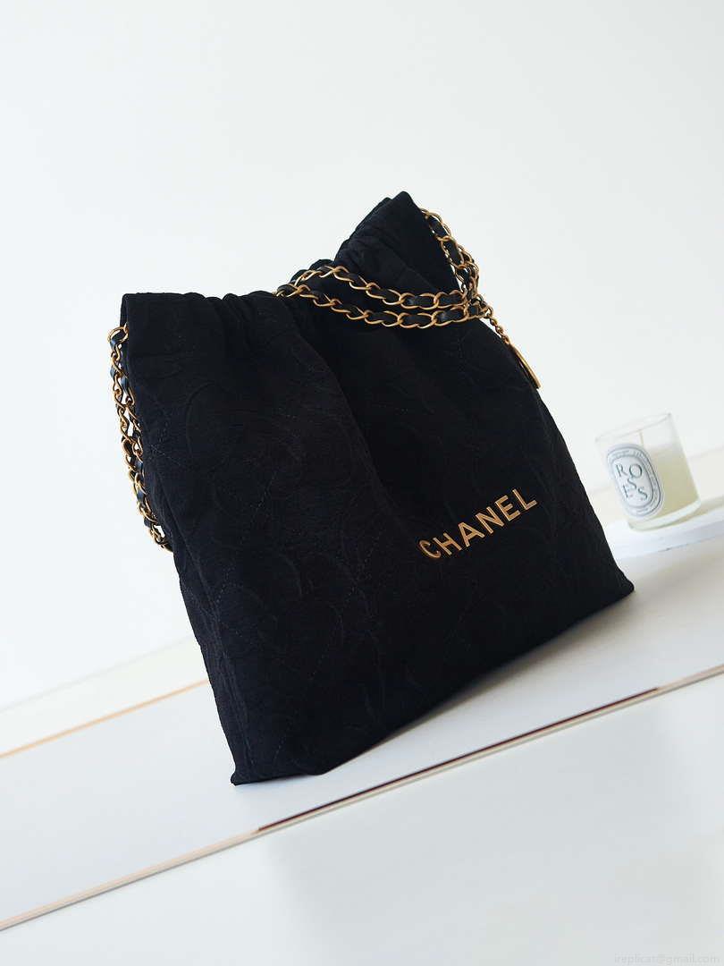 Chanel 22 Handbag Shiny AS3261 Black Velvet Gold